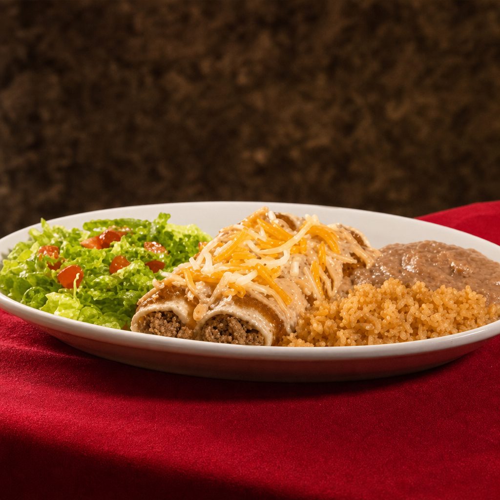 Beefy Corn Enchilada Plate.
