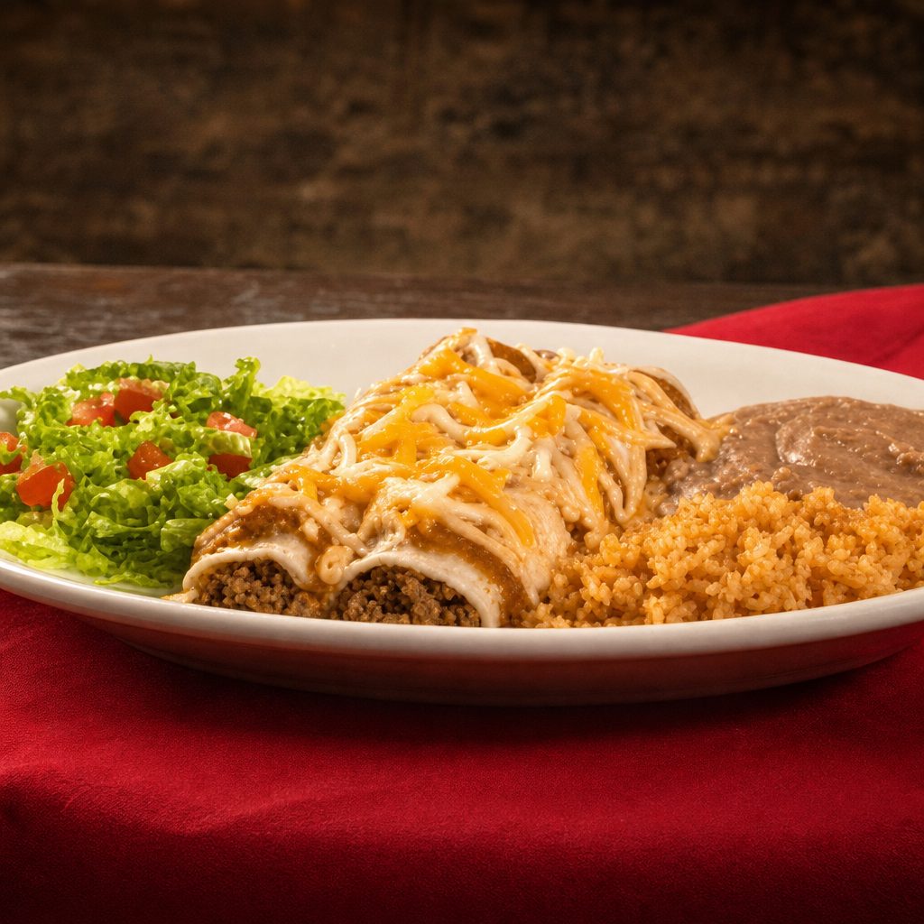 Beefy Corn Enchilada Plate.