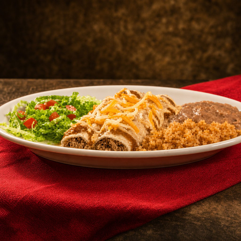 Beefy Corn Enchilada Plate.