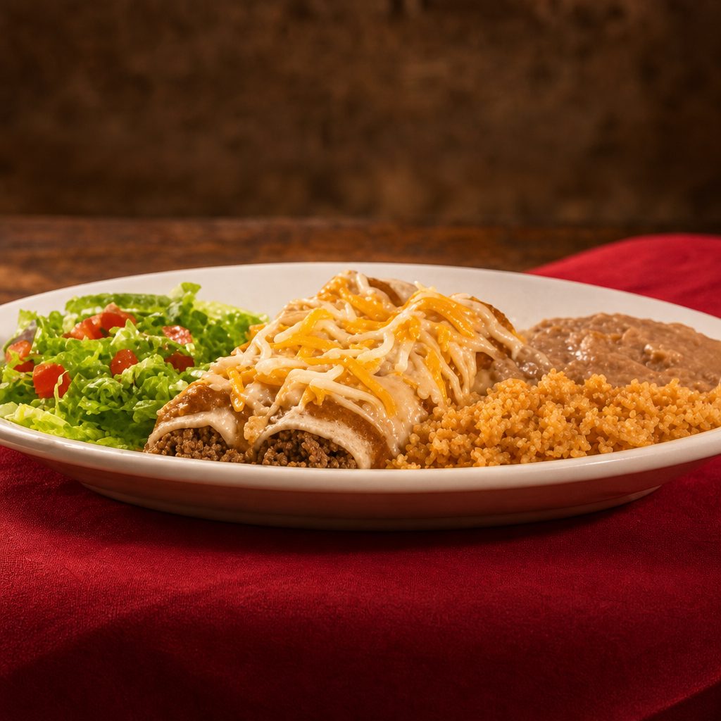 Beefy Corn Enchilada Plate.