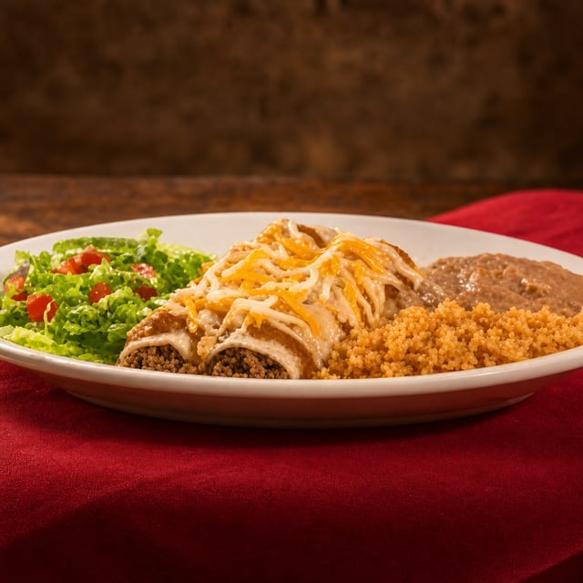 Beefy Corn Enchilada Plate.